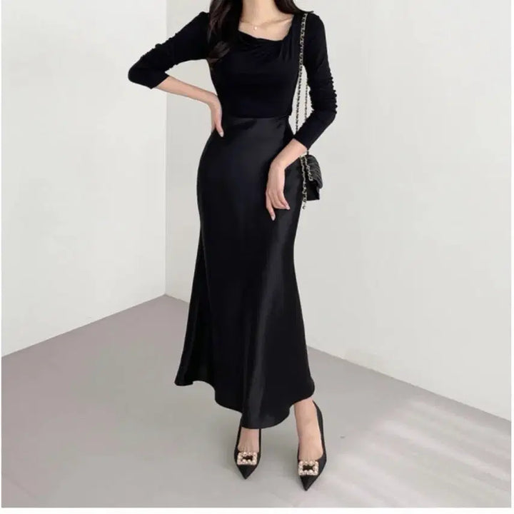 [BUNJANG] Classic Blanc Satin Mermaid Long Skirt / 클래식블랑 새틴 머메이드 뒷밴딩 롱스커트 블랙 에이블리 지그재그