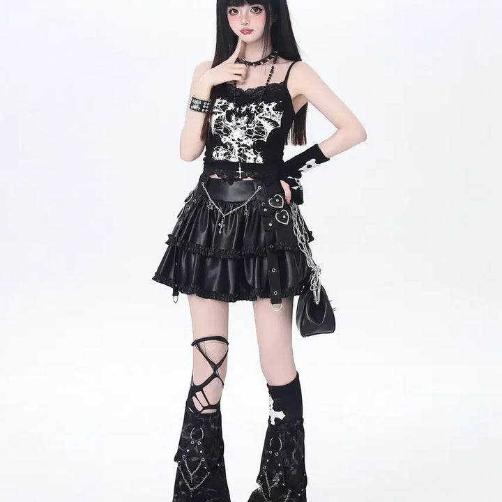 [BUNJANG] CRAZYGIRL Chain Ruffle Balloon Undershorts Leather Skirt / CRAZYGIRL 체인 캉캉 벌룬 속바지 가죽 스커트