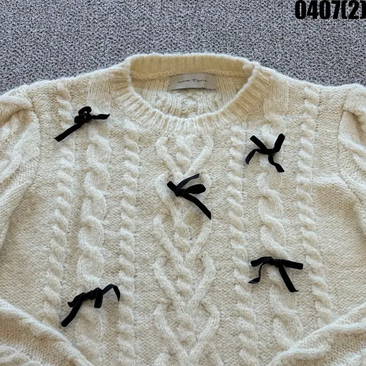 [BUNJANG] Ivory Cable Knit Sweater / 아이보리 리본 장식 케이블 니트 s