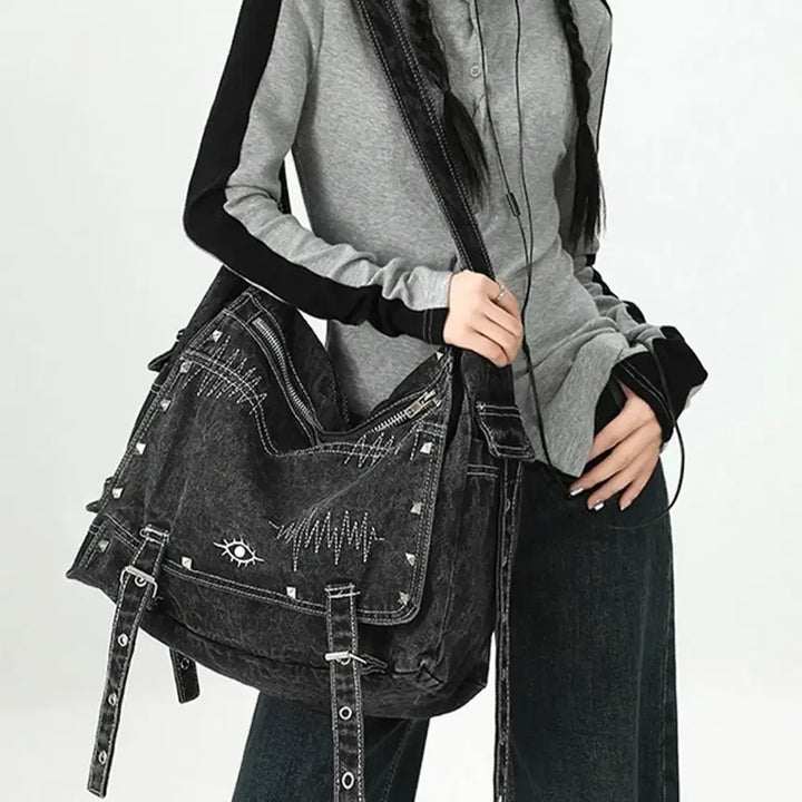 [BUNJANG] Punk Crossbody Bag Denim Studded Big Shoulder Bag / 펑크 크로스백 데님 스터드 빅백숄더백