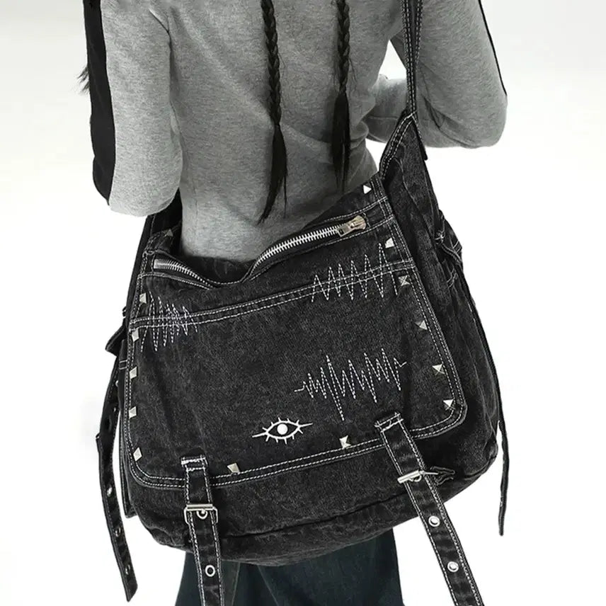 [BUNJANG] Punk Crossbody Bag Denim Studded Big Shoulder Bag / 펑크 크로스백 데님 스터드 빅백숄더백