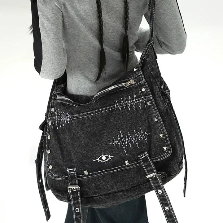 [BUNJANG] Punk Crossbody Bag Denim Studded Big Shoulder Bag / 펑크 크로스백 데님 스터드 빅백숄더백