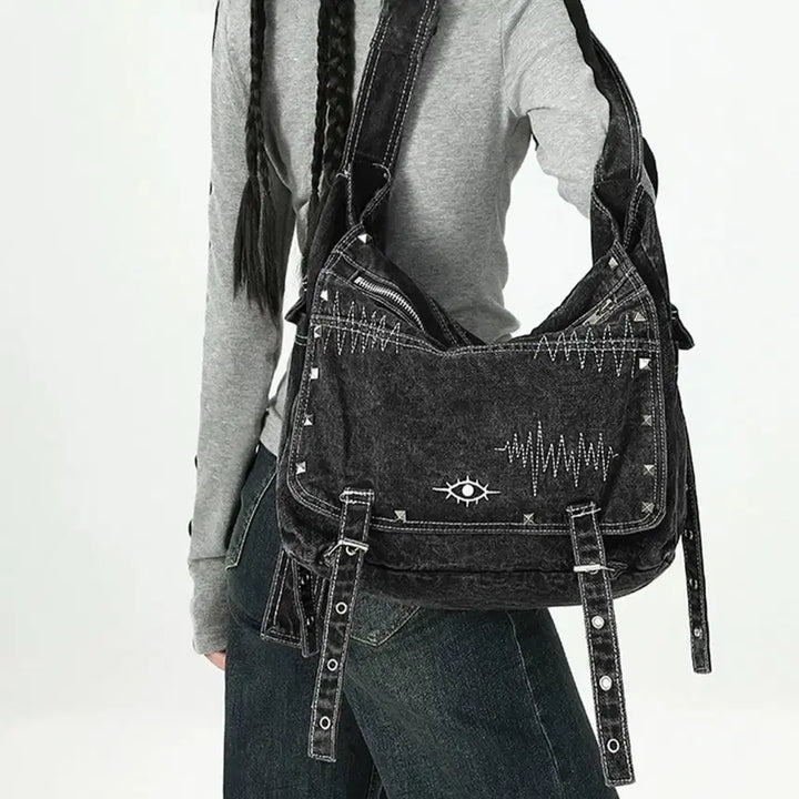 [BUNJANG] Punk Crossbody Bag Denim Studded Big Shoulder Bag / 펑크 크로스백 데님 스터드 빅백숄더백