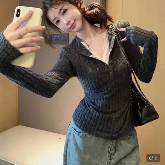 [BUNJANG] Layered Lace Long Sleeve Top / 레이스 레이어드 긴팔티 상의