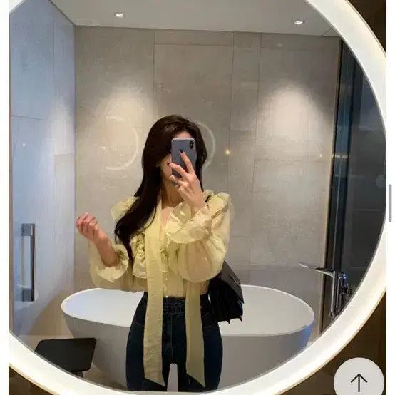 [BUNJANG] Chiffon Puff Sleeve Blouse - Yellow / 쉬폰 리본 블라우스 옐로우 퍼프소매