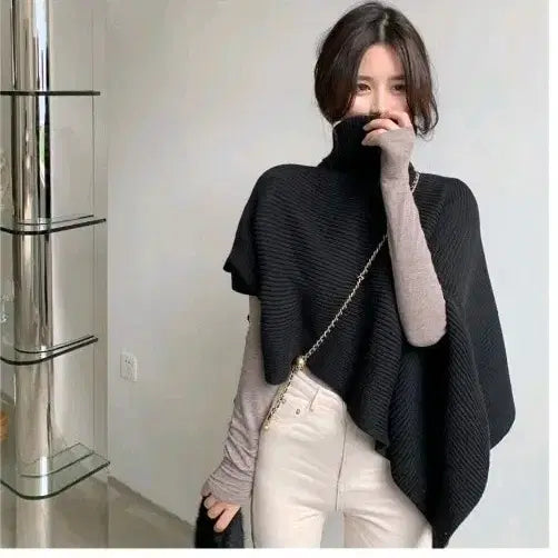 [BUNJANG] Black Turtleneck Knit Shawl Cape / 블랙 터틀넥 니트 숄 망토
