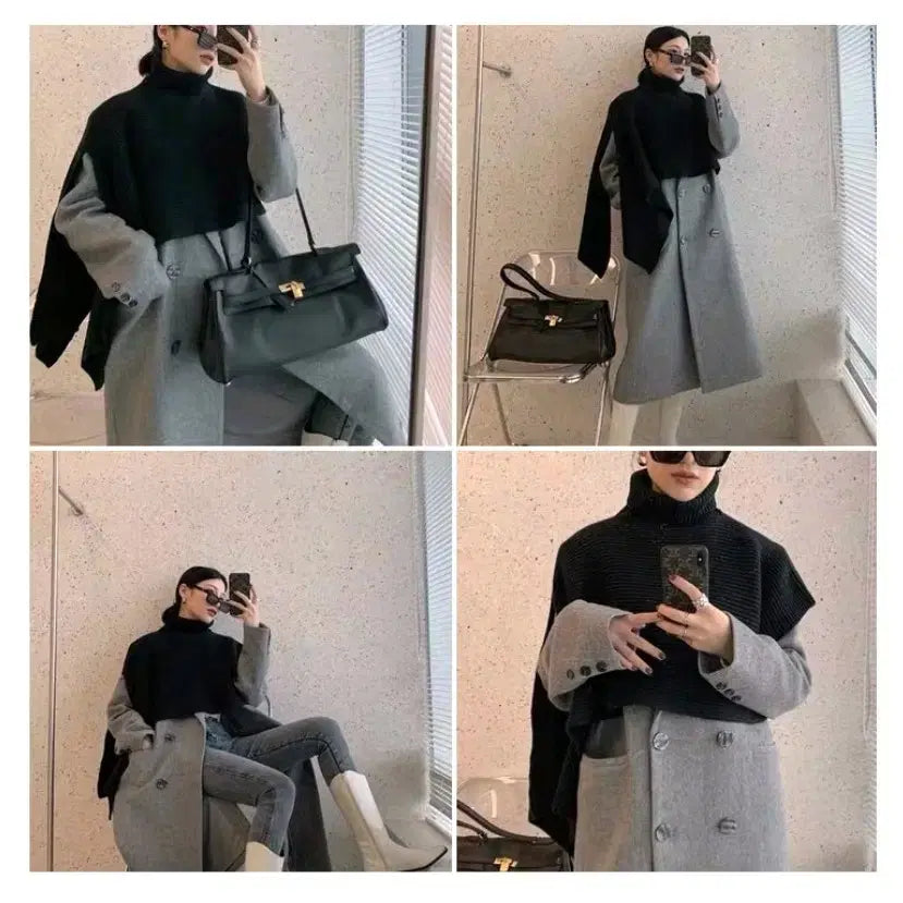[BUNJANG] Black Turtleneck Knit Shawl Cape / 블랙 터틀넥 니트 숄 망토