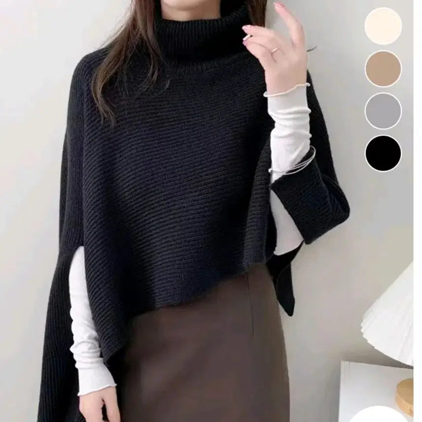 [BUNJANG] Black Turtleneck Knit Shawl Cape / 블랙 터틀넥 니트 숄 망토