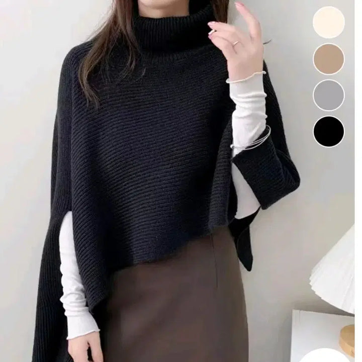 [BUNJANG] Black Turtleneck Knit Shawl Cape / 블랙 터틀넥 니트 숄 망토