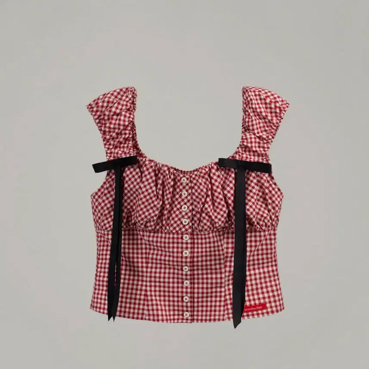 [BUNJANG] Overdue Flare Red Check Blouse / 오버듀플레어 레드 체크 블라우스