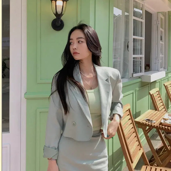 [BUNJANG] Fpale Jade Mint Crop Jacket &amp; Skirt Set Two-Piece / 페일제이드 민트 크롭 자켓 스커트 셋업 투피스