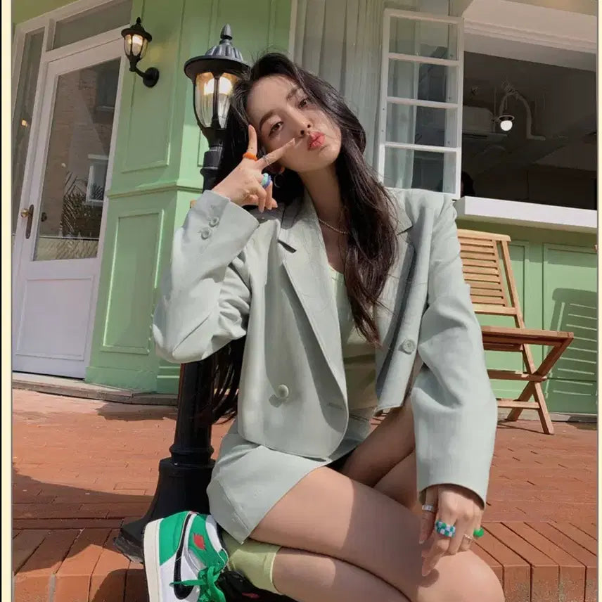 [BUNJANG] Fpale Jade Mint Crop Jacket &amp; Skirt Set Two-Piece / 페일제이드 민트 크롭 자켓 스커트 셋업 투피스