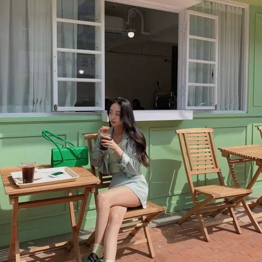 [BUNJANG] Fpale Jade Mint Crop Jacket &amp; Skirt Set Two-Piece / 페일제이드 민트 크롭 자켓 스커트 셋업 투피스