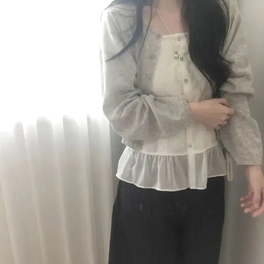 [BUNJANG] Linen Crop Cardigan (Gray) / 린넨 펜던트 크롭 긴팔 가디건(그레이)