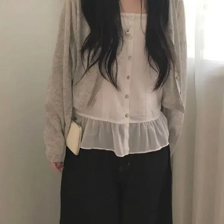 [BUNJANG] Linen Crop Cardigan (Gray) / 린넨 펜던트 크롭 긴팔 가디건(그레이)