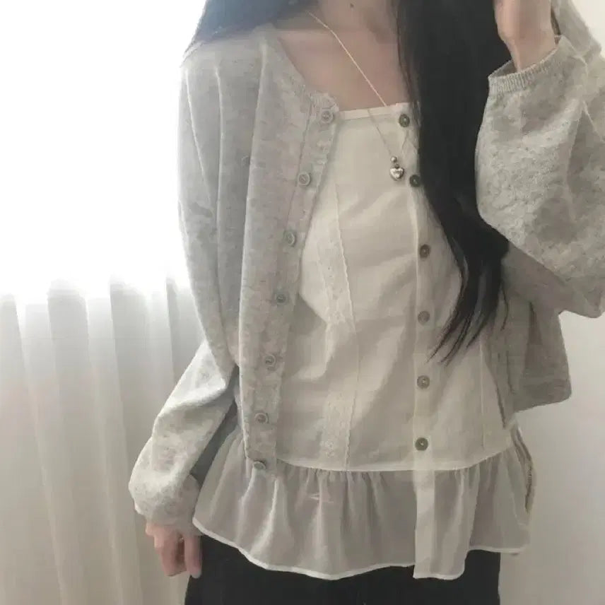 [BUNJANG] Linen Crop Cardigan (Gray) / 린넨 펜던트 크롭 긴팔 가디건(그레이)