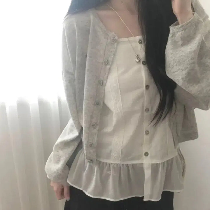 [BUNJANG] Linen Crop Cardigan (Gray) / 린넨 펜던트 크롭 긴팔 가디건(그레이)