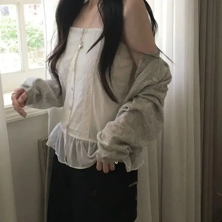 [BUNJANG] Linen Crop Cardigan (Gray) / 린넨 펜던트 크롭 긴팔 가디건(그레이)
