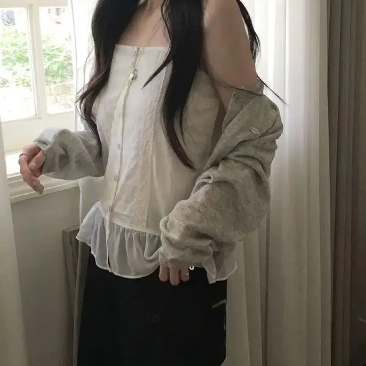 [BUNJANG] Linen Crop Cardigan (Gray) / 린넨 펜던트 크롭 긴팔 가디건(그레이)