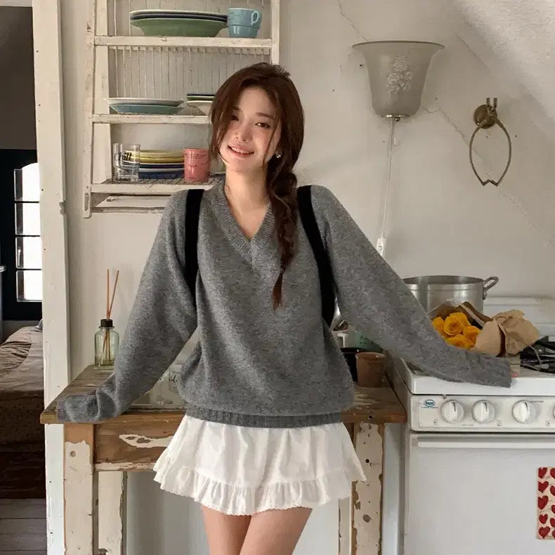 [BUNJANG] V-Neck Loose Fit Knit Sweater Gray / 브이넥 봄 루즈핏 니트 그레이