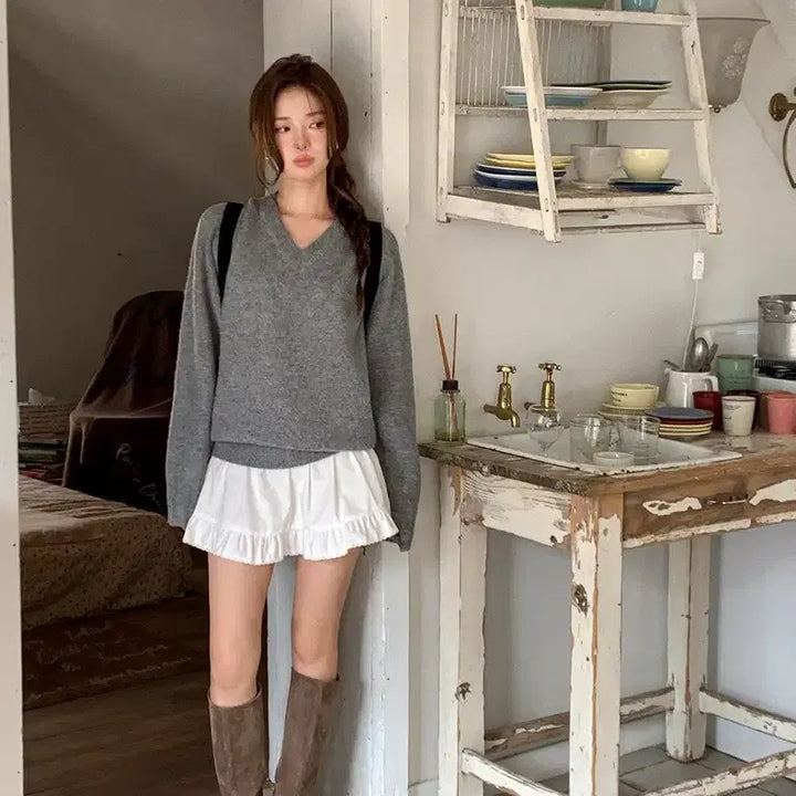 [BUNJANG] V-Neck Loose Fit Knit Sweater Gray / 브이넥 봄 루즈핏 니트 그레이