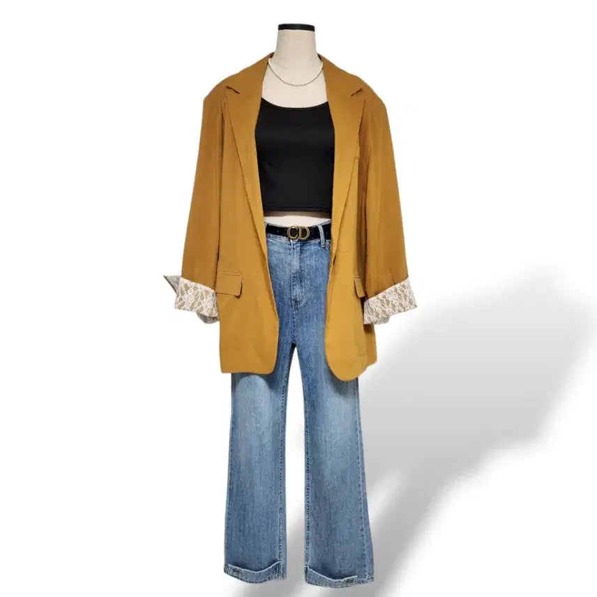 [BUNJANG] Navy Mustard Linen Oversized Jacket (F) / NAVY 머스타드 컬러 린넨 오버핏 자켓 F