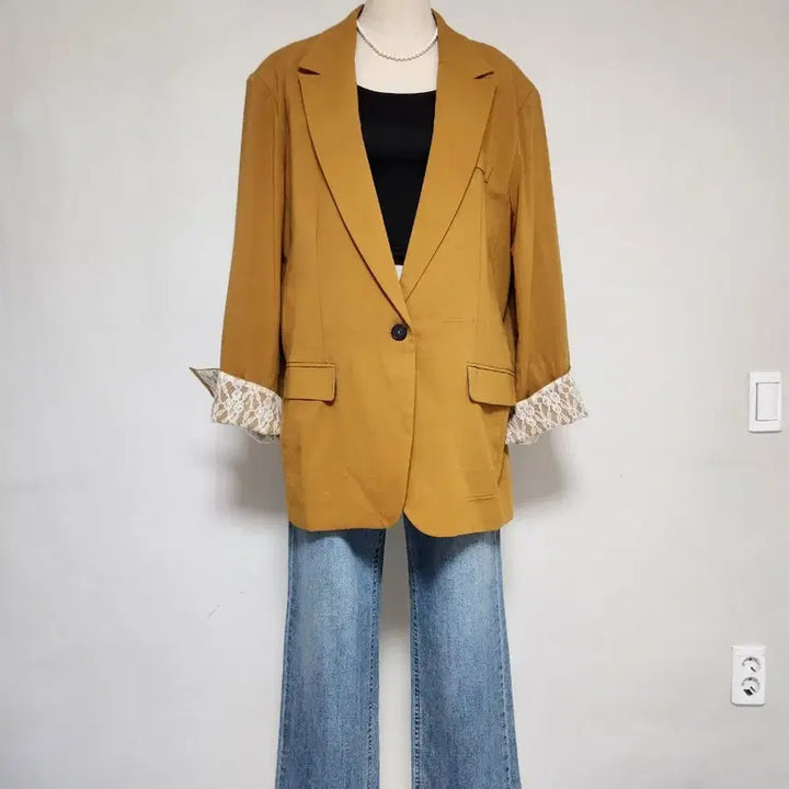 [BUNJANG] Navy Mustard Linen Oversized Jacket (F) / NAVY 머스타드 컬러 린넨 오버핏 자켓 F