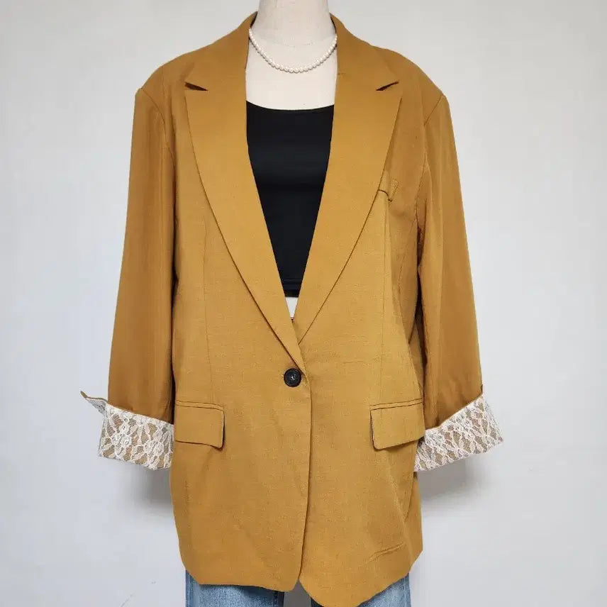 [BUNJANG] Navy Mustard Linen Oversized Jacket (F) / NAVY 머스타드 컬러 린넨 오버핏 자켓 F
