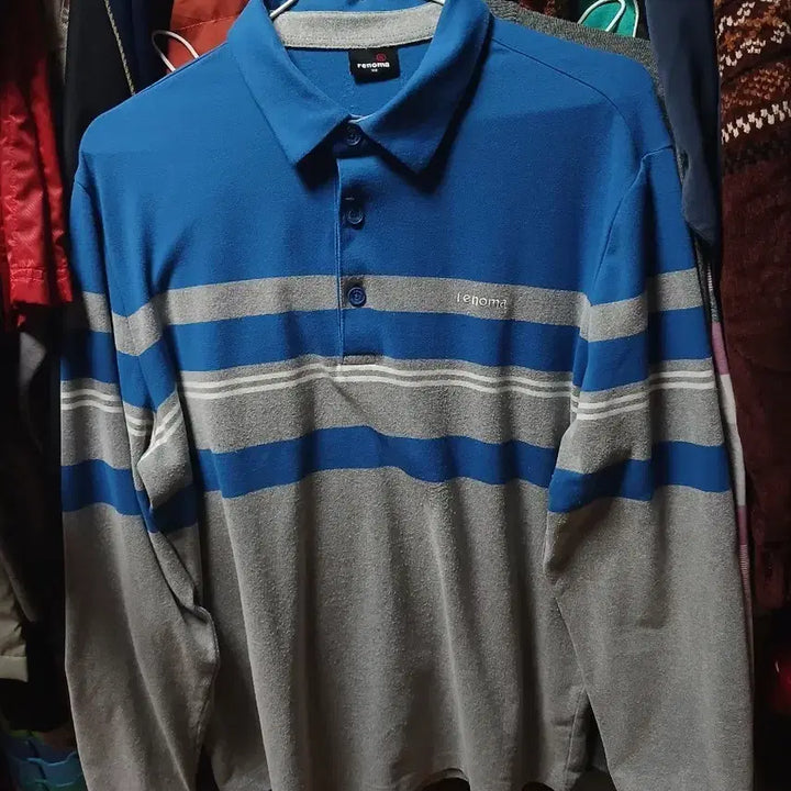 [BUNJANG] Renoma Blue/Gray Stripe Long Sleeve Polo Shirt (Size 100) / 레노마 블루/그레이 스트라이프 긴팔 카라티 100