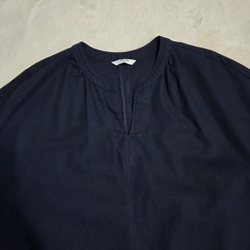 [SOLD OUT] (XL)여성 탑텐 린넨 혼방 박스핏 반팔 원피스 네이비
