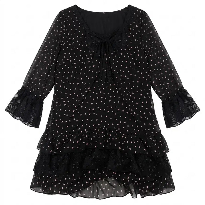 [BUNJANG] Vintage Heart Chiffon Lace Black Mini Dress / 빈티지 하트 시폰 레이스 블랙 원피스