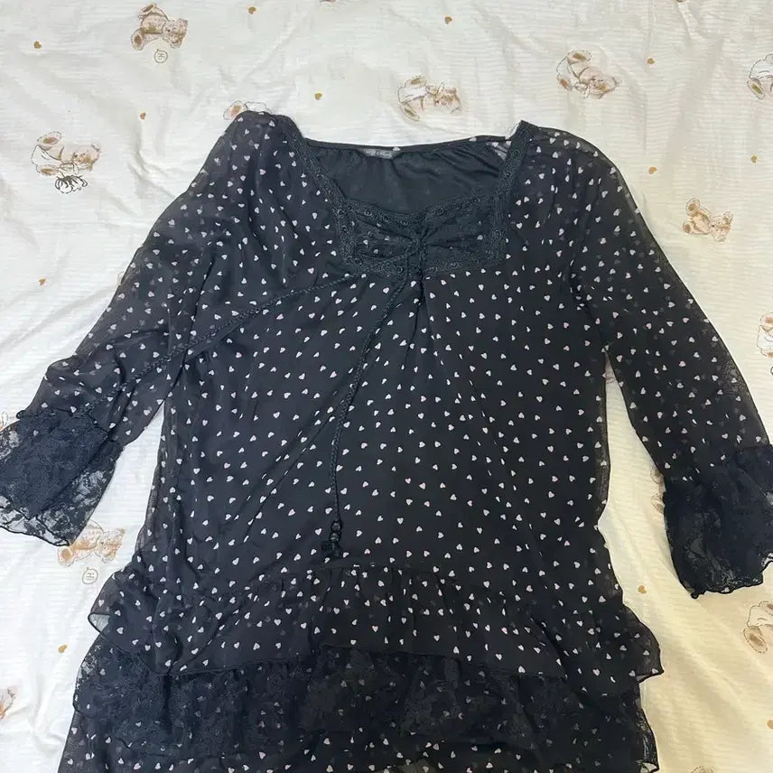 [BUNJANG] Vintage Heart Chiffon Lace Black Mini Dress / 빈티지 하트 시폰 레이스 블랙 원피스