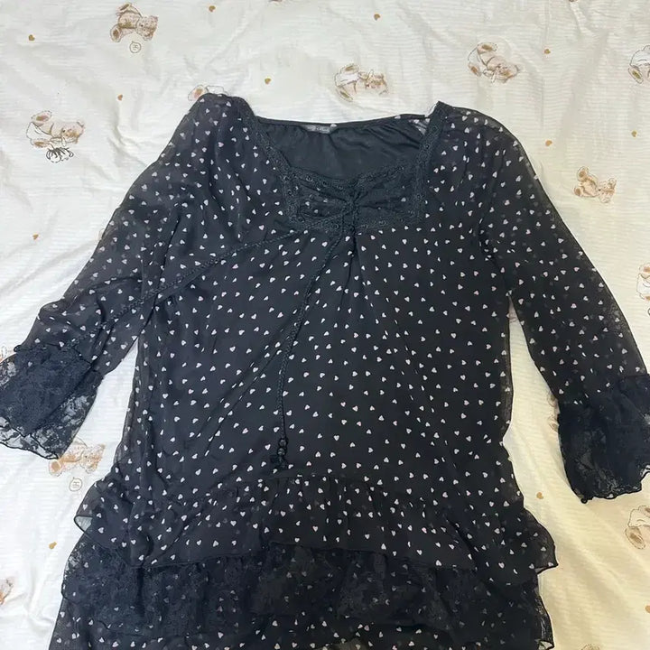 [BUNJANG] Vintage Heart Chiffon Lace Black Mini Dress / 빈티지 하트 시폰 레이스 블랙 원피스