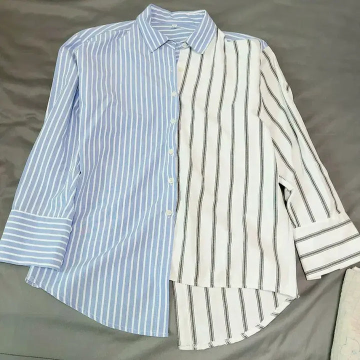 [BUNJANG] Unique Asymmetrical Stripe Shirt / 유니크한 언발란스 배색 스트라이프 셔츠