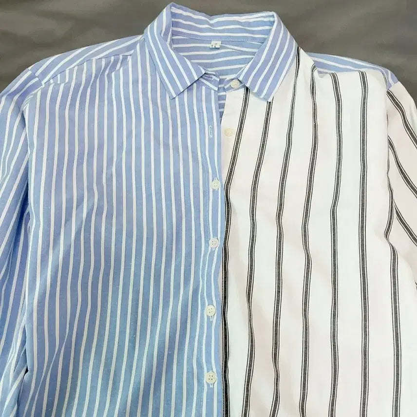 [BUNJANG] Unique Asymmetrical Stripe Shirt / 유니크한 언발란스 배색 스트라이프 셔츠