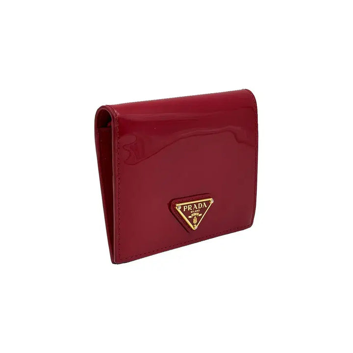[BUNJANG] Prada 1MV204 Cherry Red Patent Gold Lettering Logo Flap Wallet / 프라다 1MV204 체리 레드 페이던트 금장 레터링 로고 플랩 반지갑