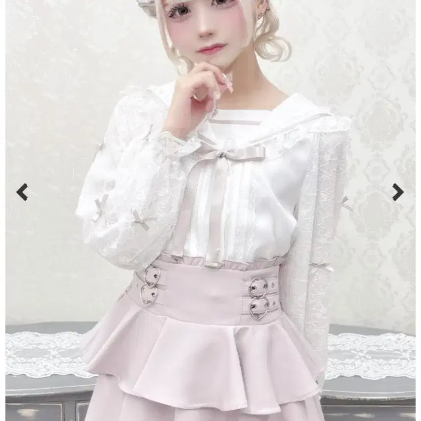 [BUNJANG] Mazs Lace Sailor Blouse with Heart Buckle Skirt Set / 마즈 소매 레이스 리본 세일러 블라우스 하트 버클 스커트 양지뢰