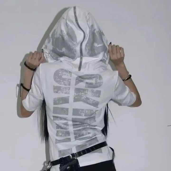 [BUNJANG] Gothic Cropped Hoodie Zip-Up Short Sleeve / 고딕 후드집업 크롭 반팔 후드티