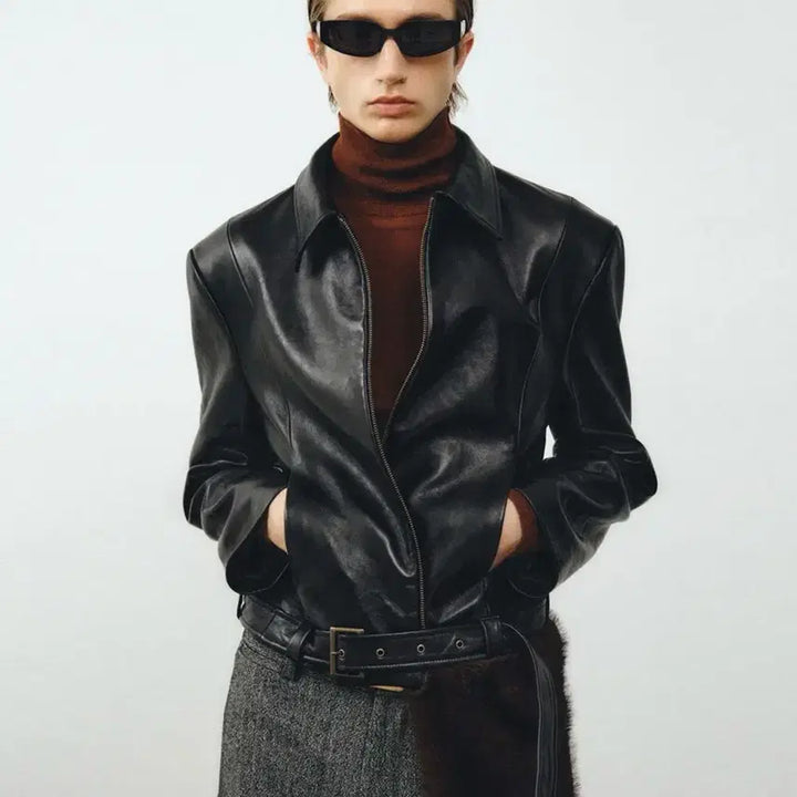 [BUNJANG] Noir Lambs Leather Belted Cropped Jacket / 노이어 램스 레더 벨티드 크롭 자켓