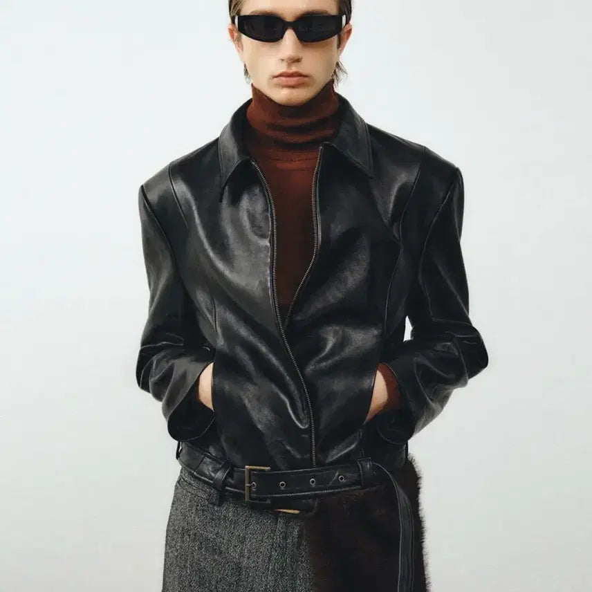 [BUNJANG] Noir Lambs Leather Belted Cropped Jacket / 노이어 램스 레더 벨티드 크롭 자켓