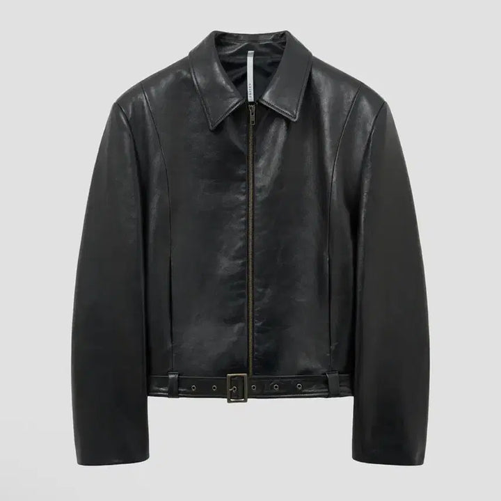 [BUNJANG] Noir Lambs Leather Belted Cropped Jacket / 노이어 램스 레더 벨티드 크롭 자켓