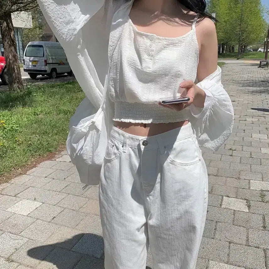 [BUNJANG] Summer White Crop Tank Top and Shirt Set / 썸머 화이트 크롭 나시 셔츠 세트