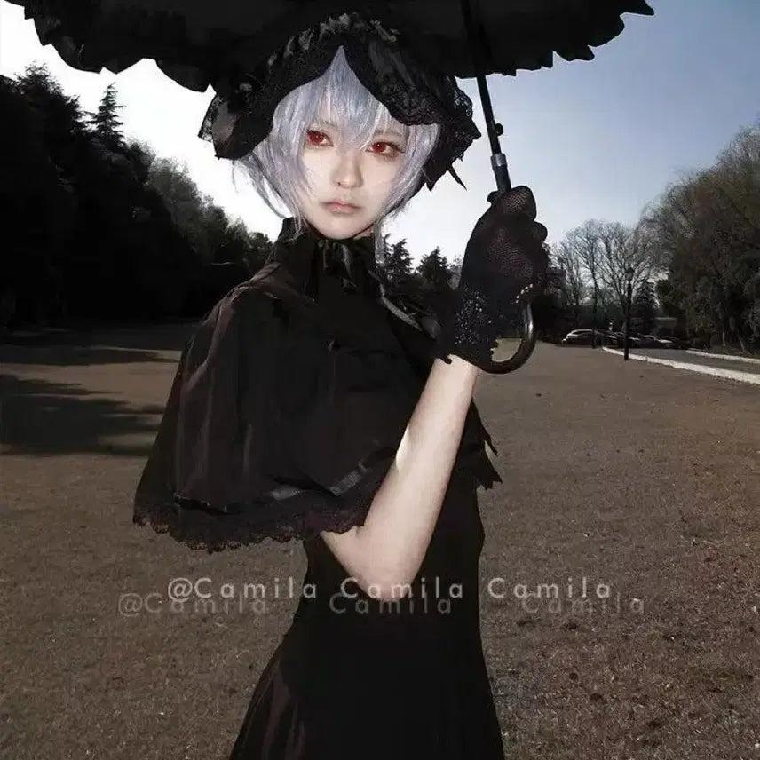 [BUNJANG] Gothic Lolita Black Cape Long Dress / 고딕 로리타 블랙 케이프 롱 원피스