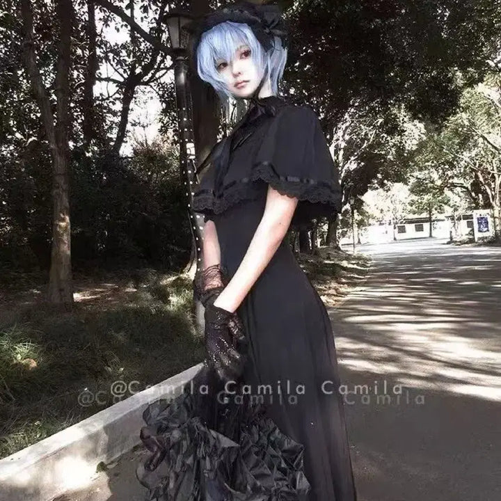 [BUNJANG] Gothic Lolita Black Cape Long Dress / 고딕 로리타 블랙 케이프 롱 원피스