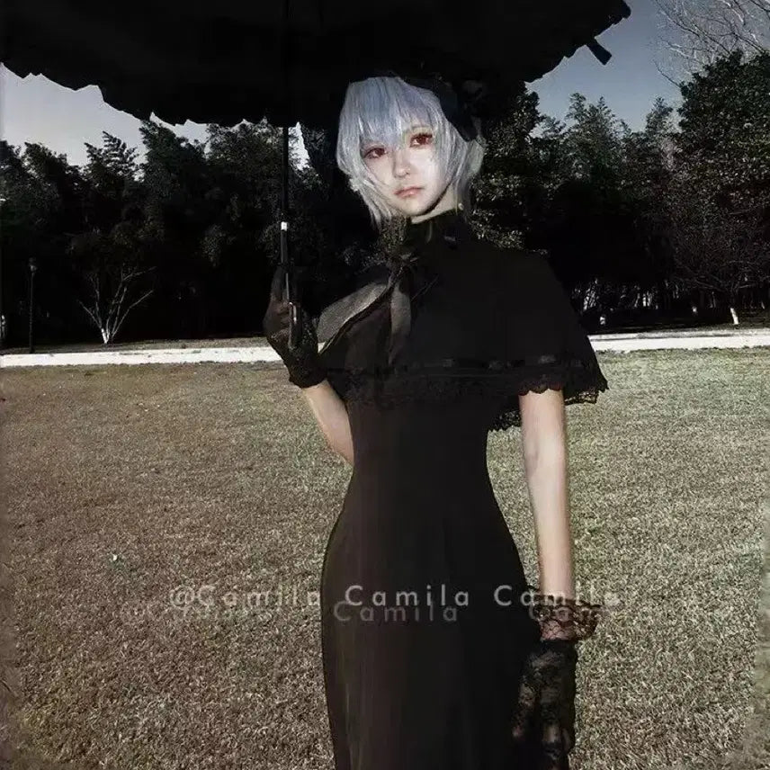 [BUNJANG] Gothic Lolita Black Cape Long Dress / 고딕 로리타 블랙 케이프 롱 원피스
