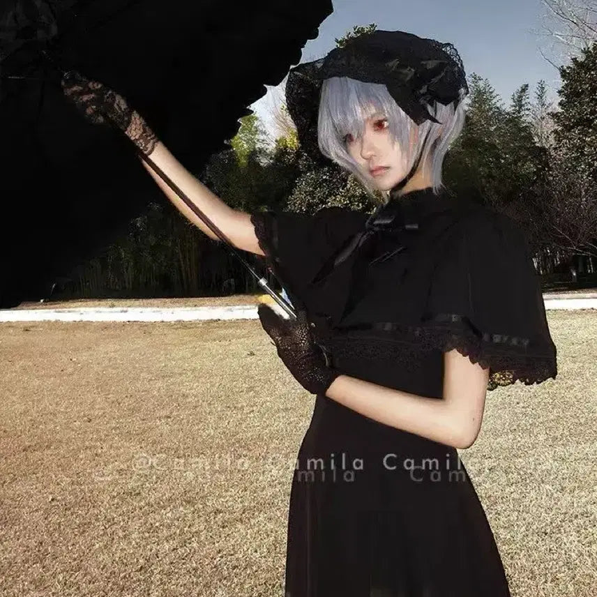 [BUNJANG] Gothic Lolita Black Cape Long Dress / 고딕 로리타 블랙 케이프 롱 원피스