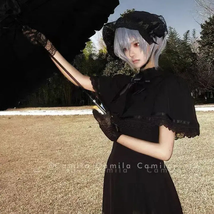 [BUNJANG] Gothic Lolita Black Cape Long Dress / 고딕 로리타 블랙 케이프 롱 원피스