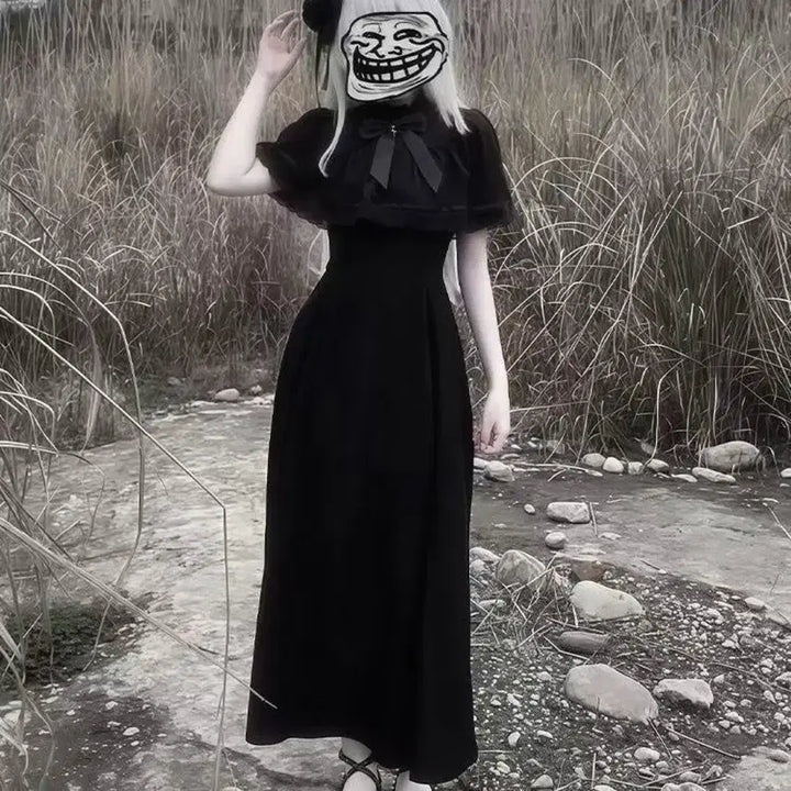 [BUNJANG] Gothic Lolita Black Cape Long Dress / 고딕 로리타 블랙 케이프 롱 원피스