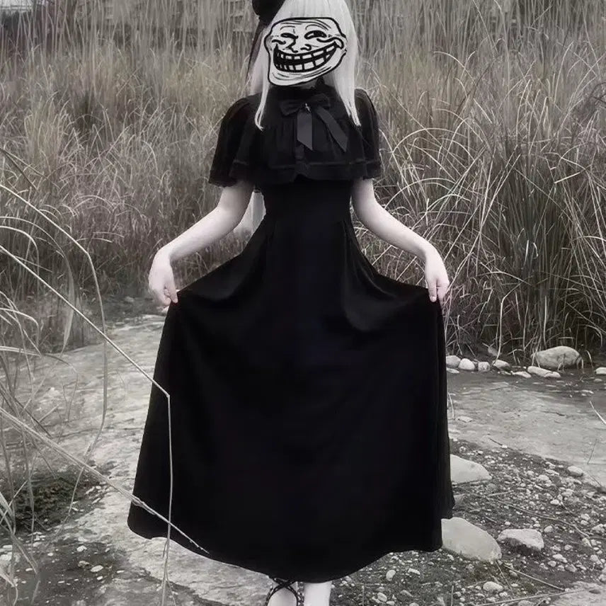 [BUNJANG] Gothic Lolita Black Cape Long Dress / 고딕 로리타 블랙 케이프 롱 원피스