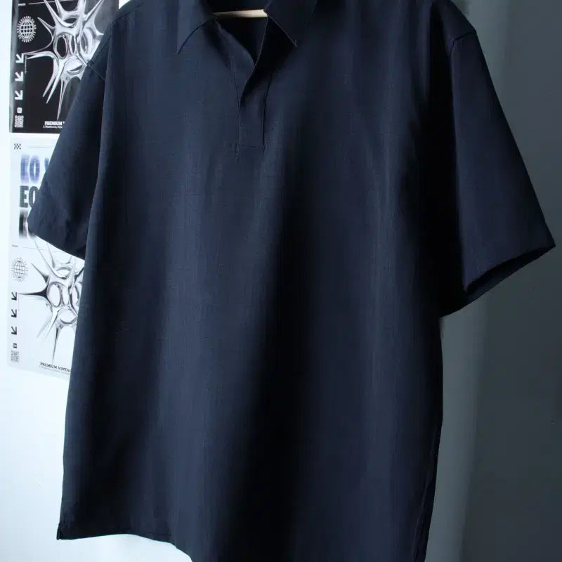 [BUNJANG] Project M V-neck Navy Short Sleeve Shirt / (XL) 프로젝트엠 반팔셔츠 남방 브이넥 네이비 무지-1812E